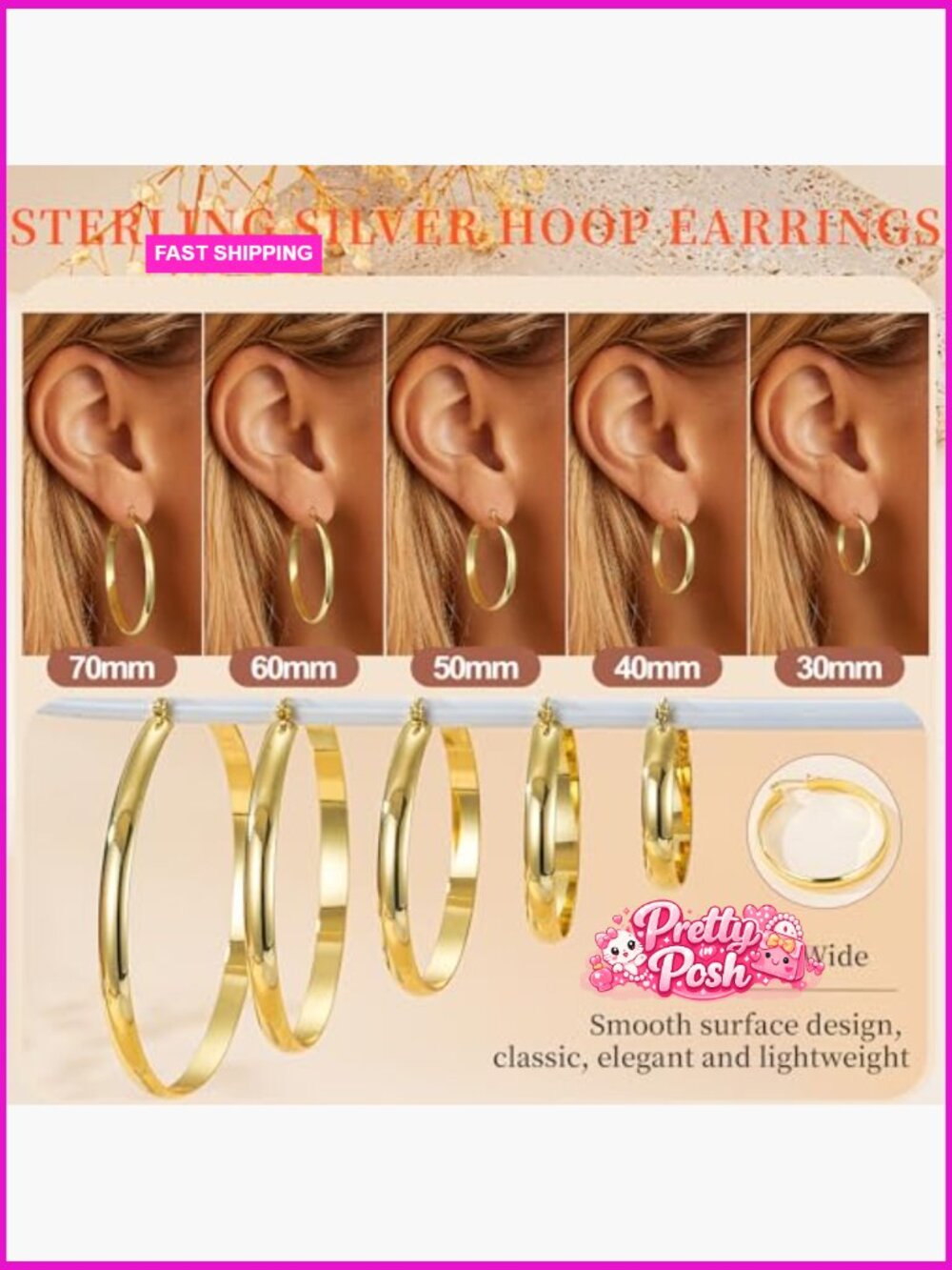 14K Gold Plated/Silver Hoop Earrings, 5mm Wide, Hypoallergenic 925 Sterling - Picture 5 of 7